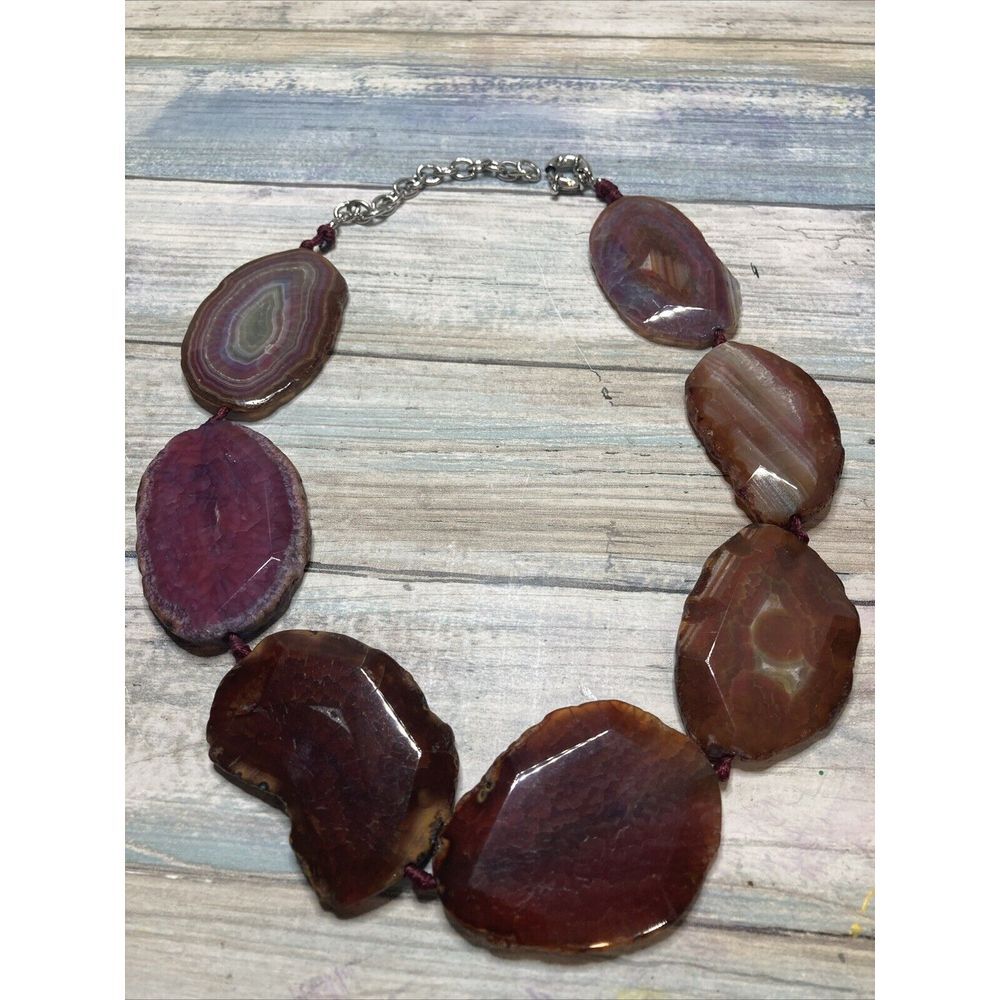 Agate Slice Banded Necklace‎ Silver Tone Chunky Red Purple Brown NWOT 18"
